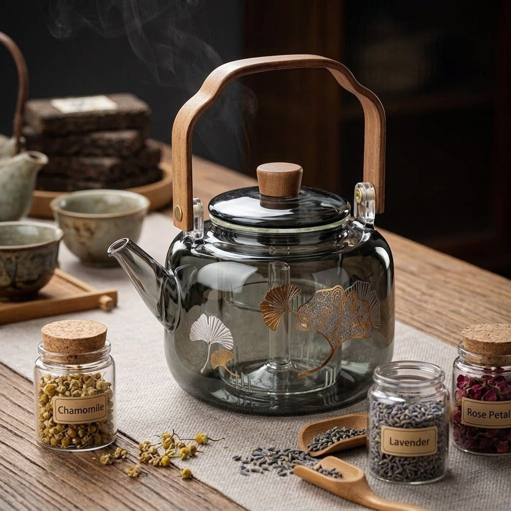 Borosilicate Glass Teapot, Walnut Lid & Handle, 34 Oz