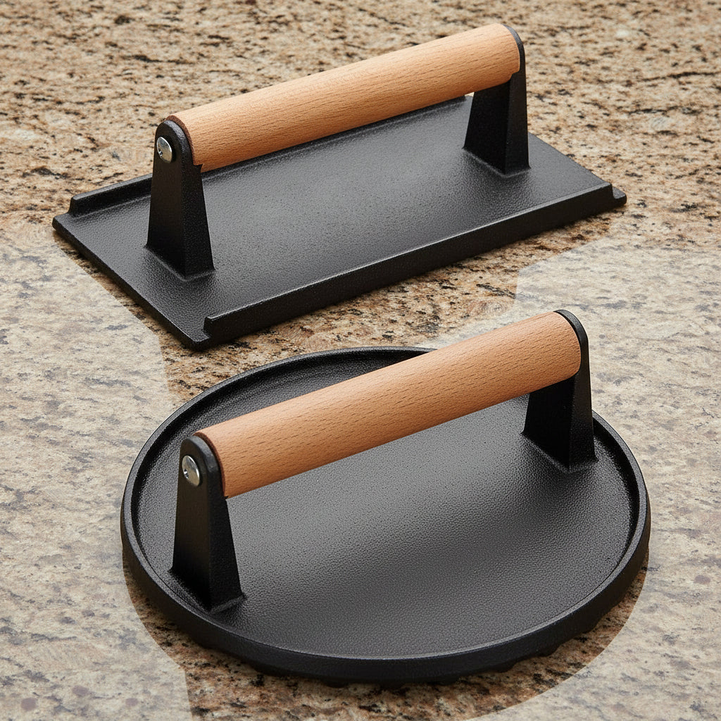 Cast Iron Grill Press, Round for Burgers and Stakes, Hardwood Handle