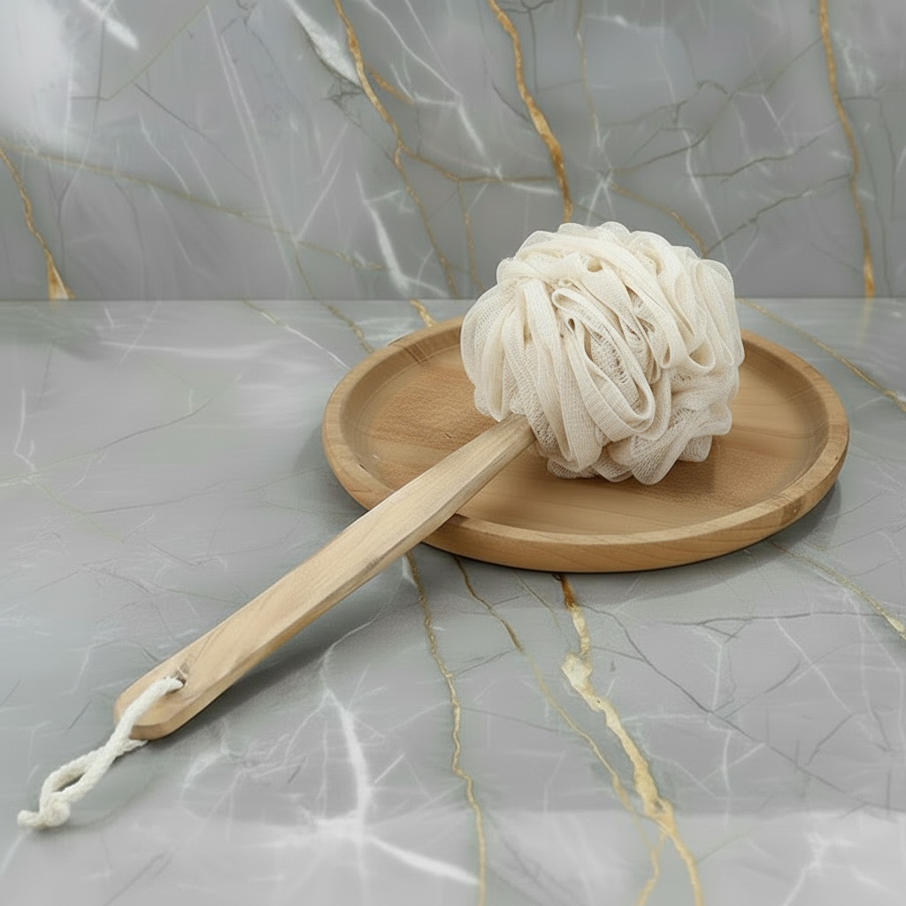 Shower Sponge, With 12" Long Wooden Handle