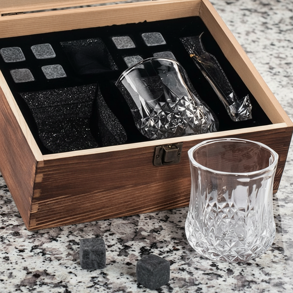 Whisky Chilling Stones & Rounded Glass Gift Set in in Wooden Gift box