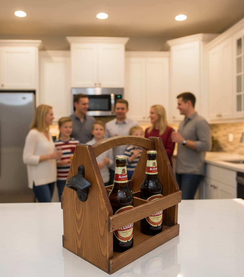 Beer and Wine Carrying Box with Bottle Opener, Natural Hardwood