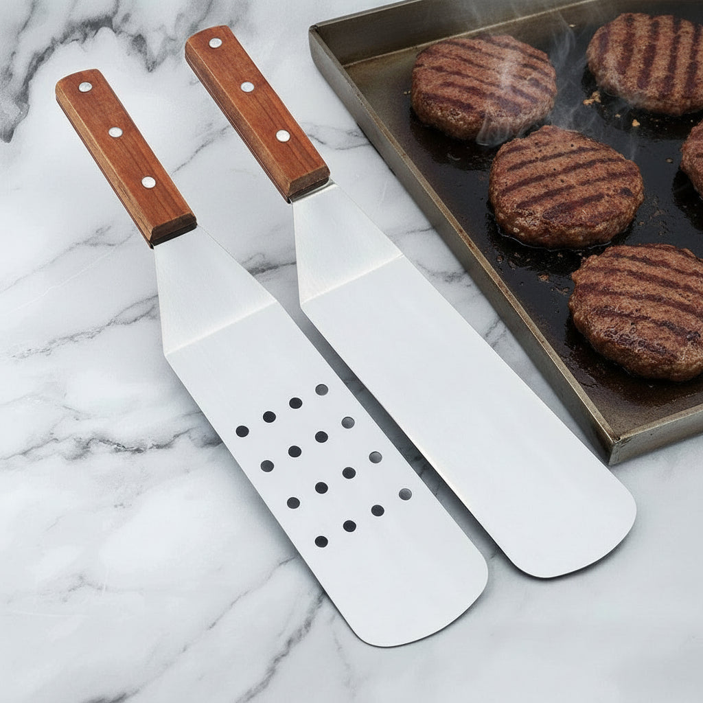 BBQ Cooking Spatula, Wooden Handle, 14 inches, Set of 2
