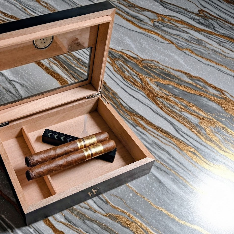 Cigar Box, Spanish Cedar, Black, with Hygrometer and Humidor, 9x7 inches