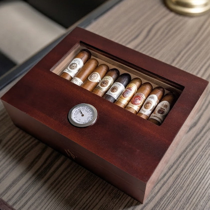 Cigar Box, Spanish Cedar, Brown, with Hygrometer and Humidor, 9x7 inches