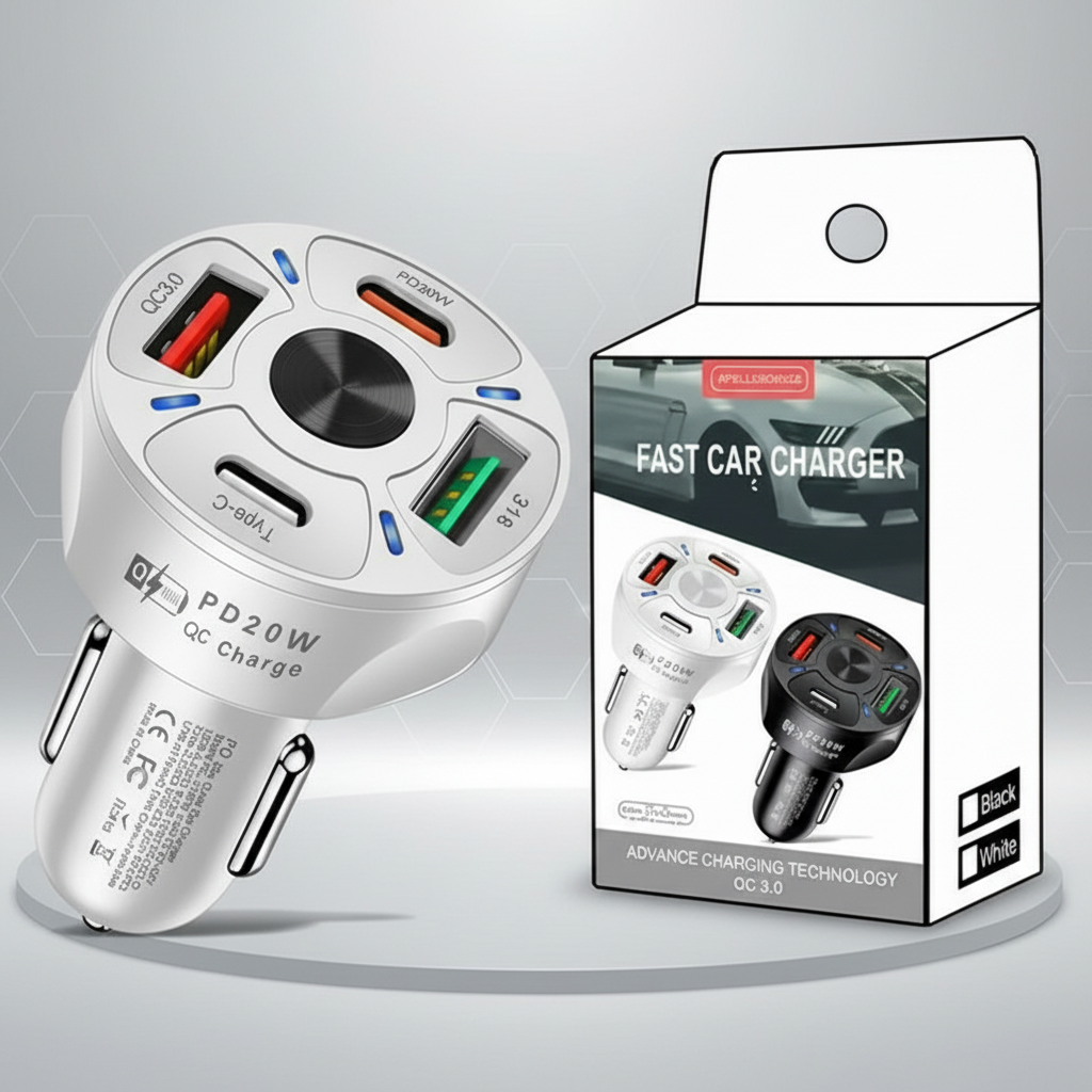 4 Outlets, White, Car Cell Phone Charger, High Power, 20W