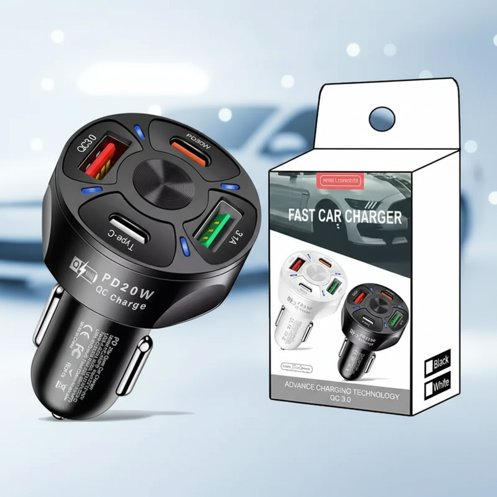 4 Outlets, Black, Car Cell Phone Charger, High Power, 20W