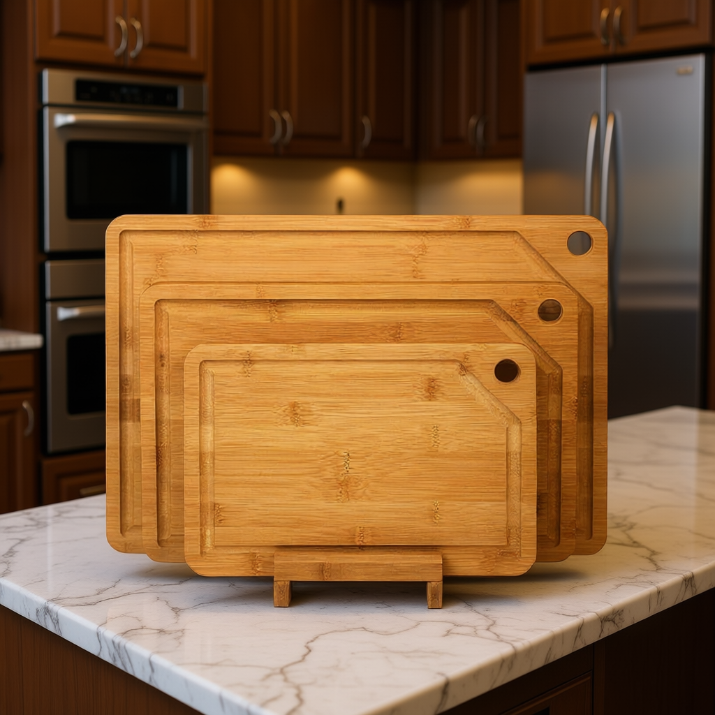 Bamboo Cutting/Serving Board, 4pcs Set, including Holder