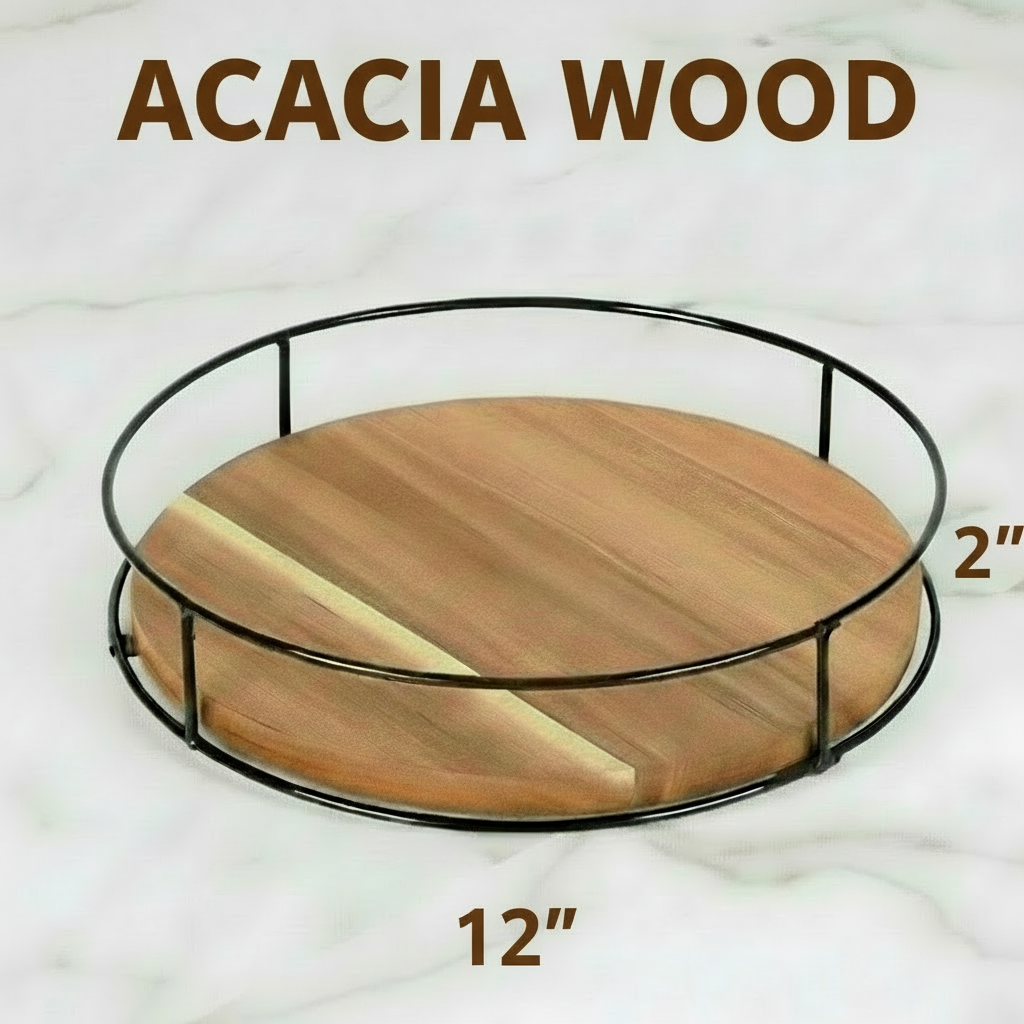 Acacia Wood Lazy Susan Turntable, 12 inches, with Metal Frame