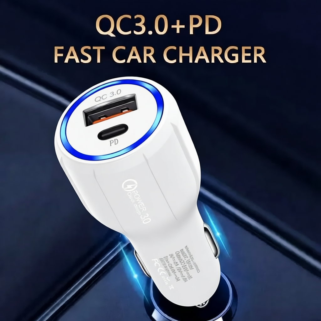 Car Cell Phone Charger, 2 Outlets, White, High Power, 3A
