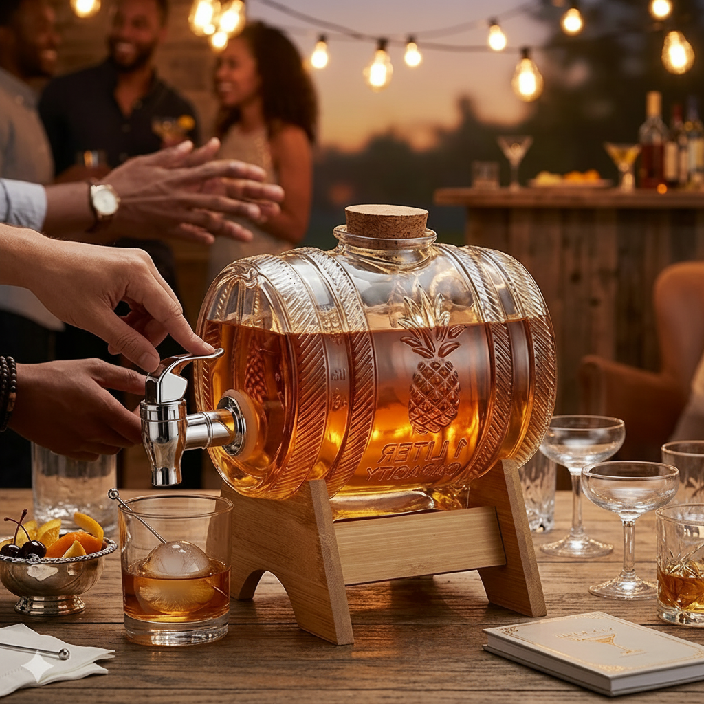 Liquor Barrel with Dispenser Faucet and Wooden Base, 1L capacity