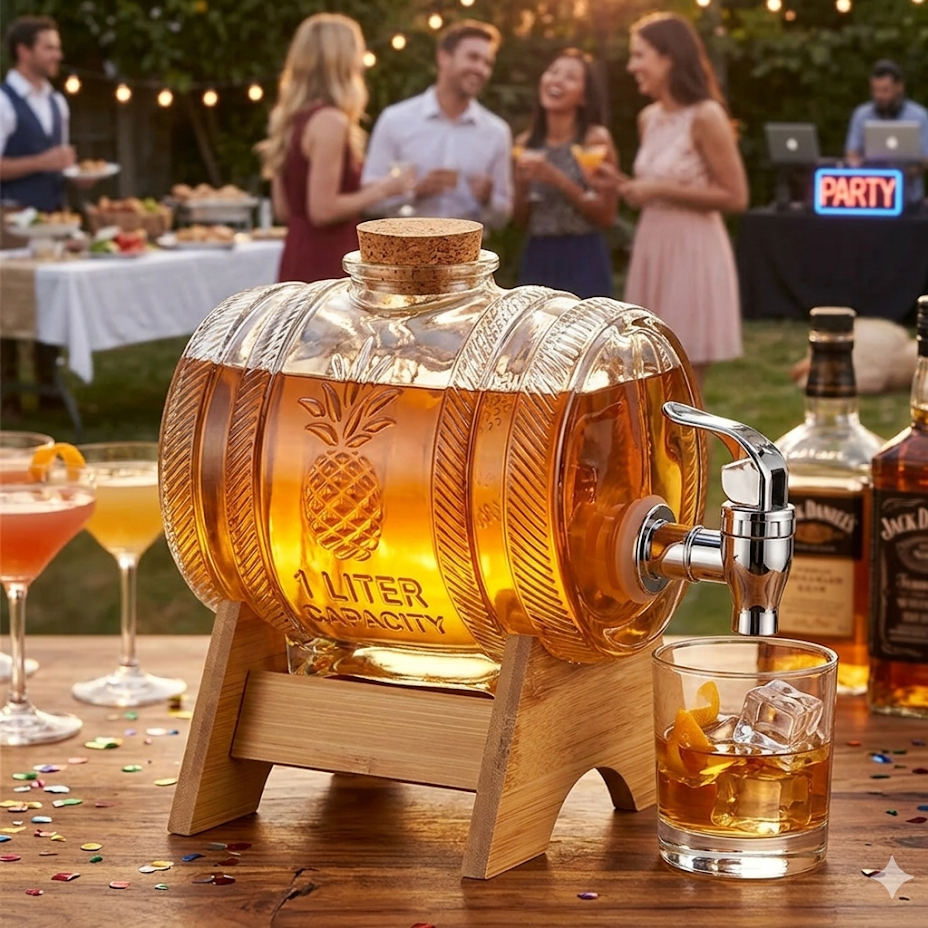 Liquor Barrel with Dispenser Faucet and Wooden Base, 1L capacity