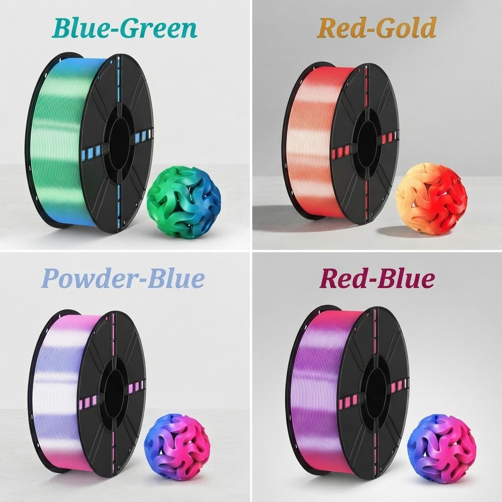 Premium Silk Dual-Color PLA 3D Printer Filament, 1.75mm, 1 kg (2.2 lb) Spools