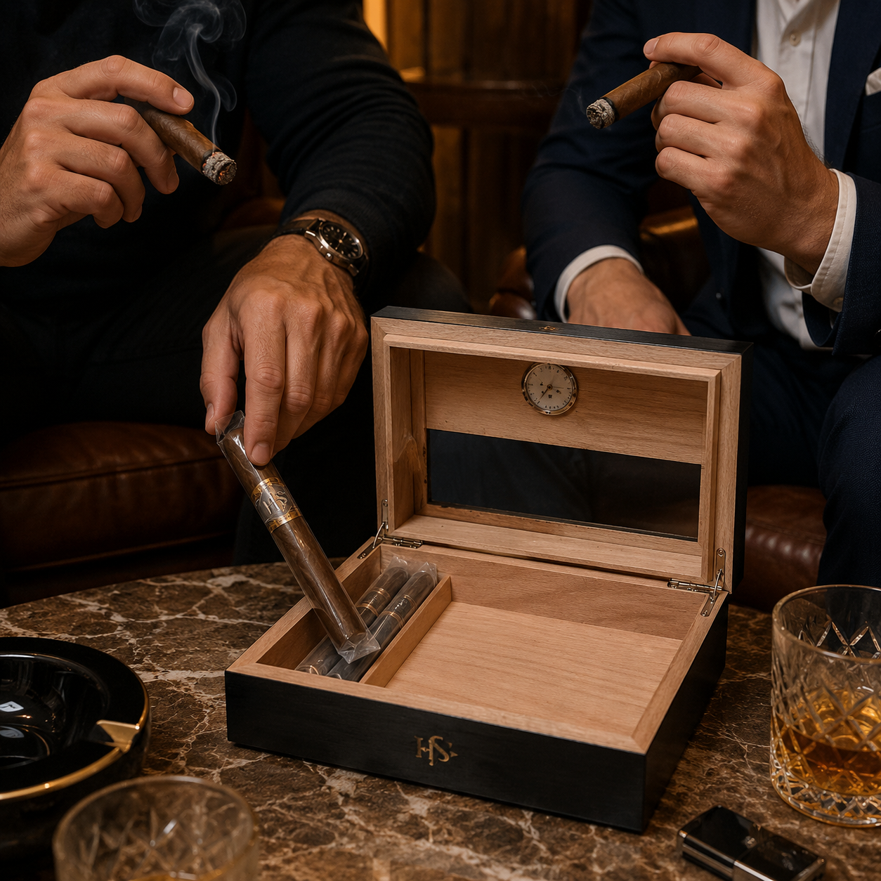Cigar Box, Spanish Cedar, Black, with Hygrometer and Humidor, 9x7 inches