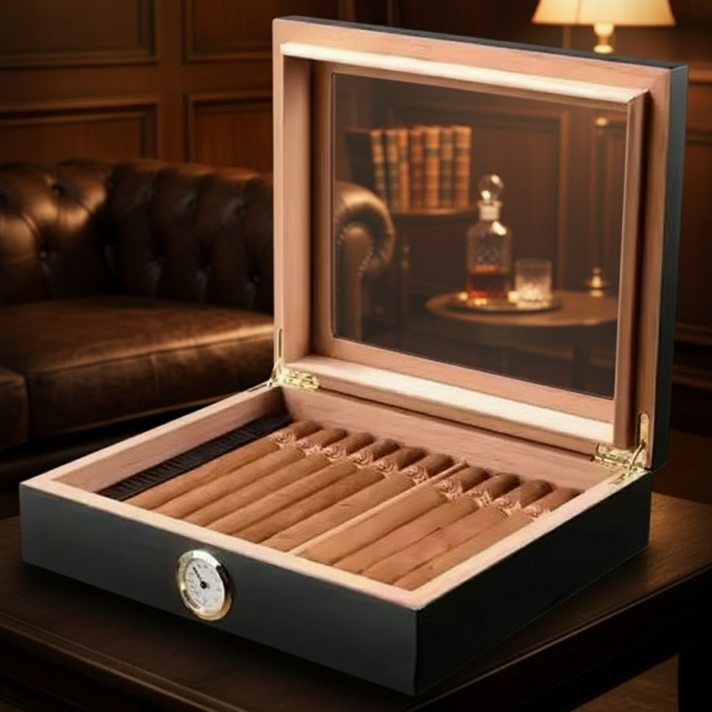 Cigar Box, Spanish Cedar, Black, with Hygrometer and Humidor, 9x7 inches
