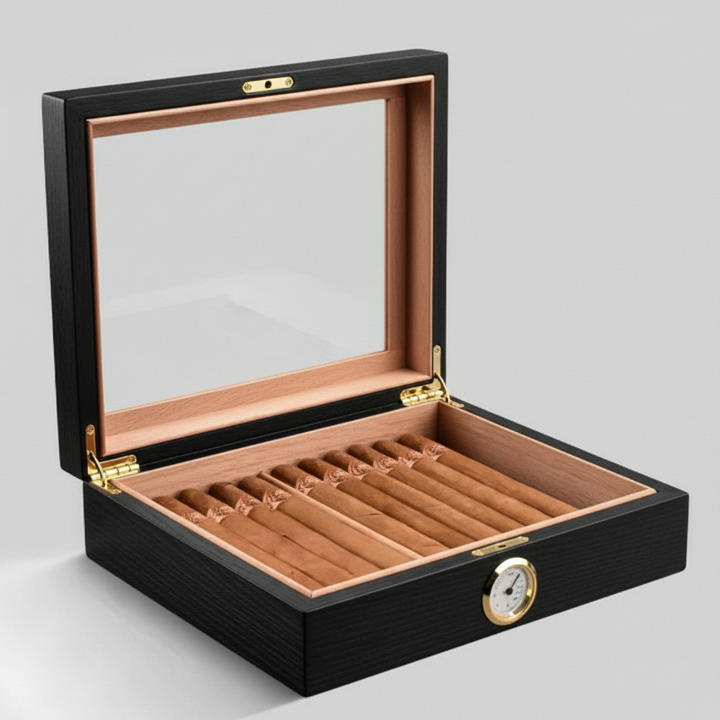 Cigar Box, Spanish Cedar, Black, with Hygrometer and Humidor, 9x7 inches