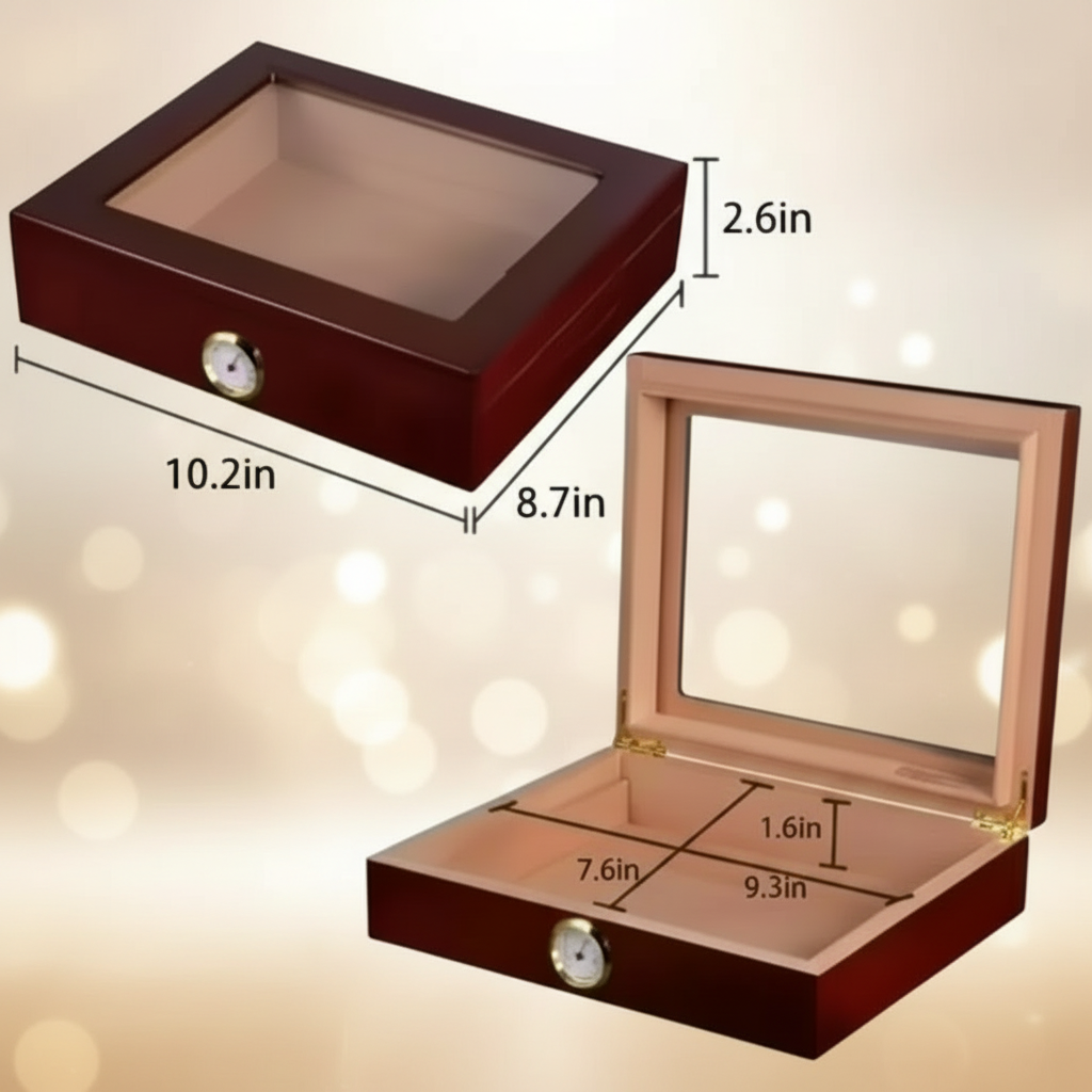 Cigar Box, Natural Hardwood, 10.2x8.7 inches, with Hygrometer