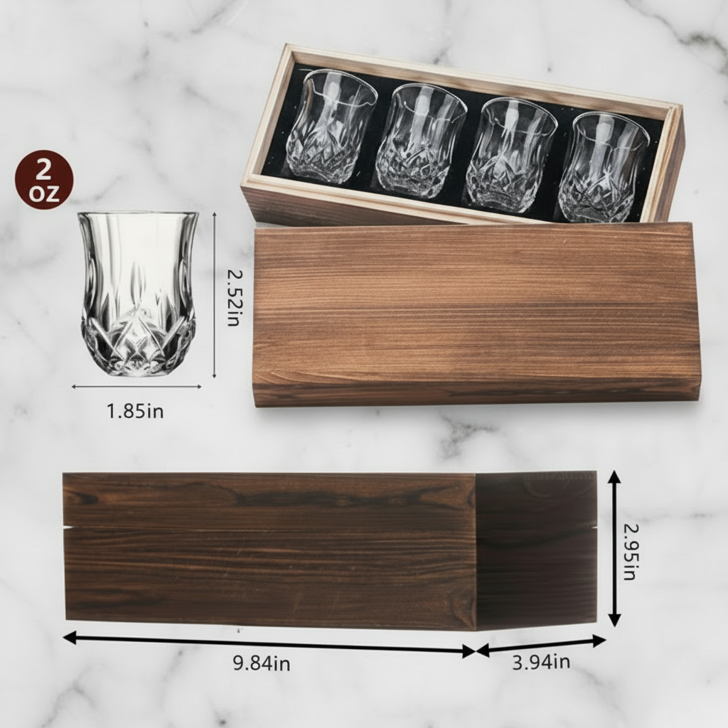 Crystal Shot Glass Set, 2.2 Oz, 4-pack in Wooden Gift box