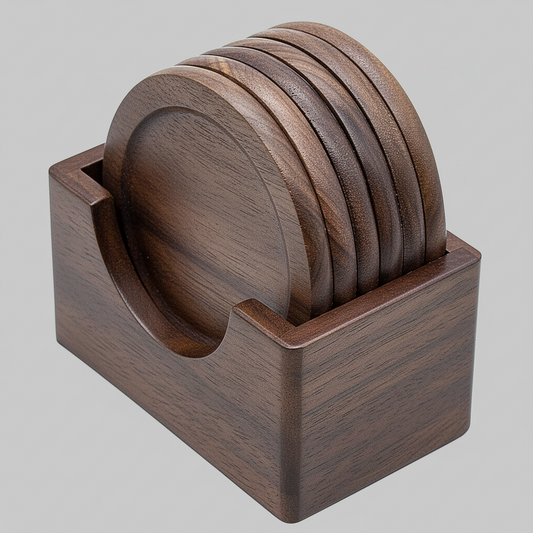 Wooden Coasters, Walnut Hardwood, 7 pcs with Holder