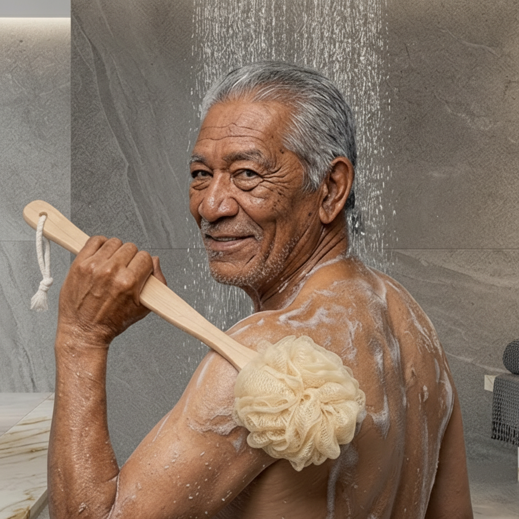 Shower Sponge, With 12" Long Wooden Handle