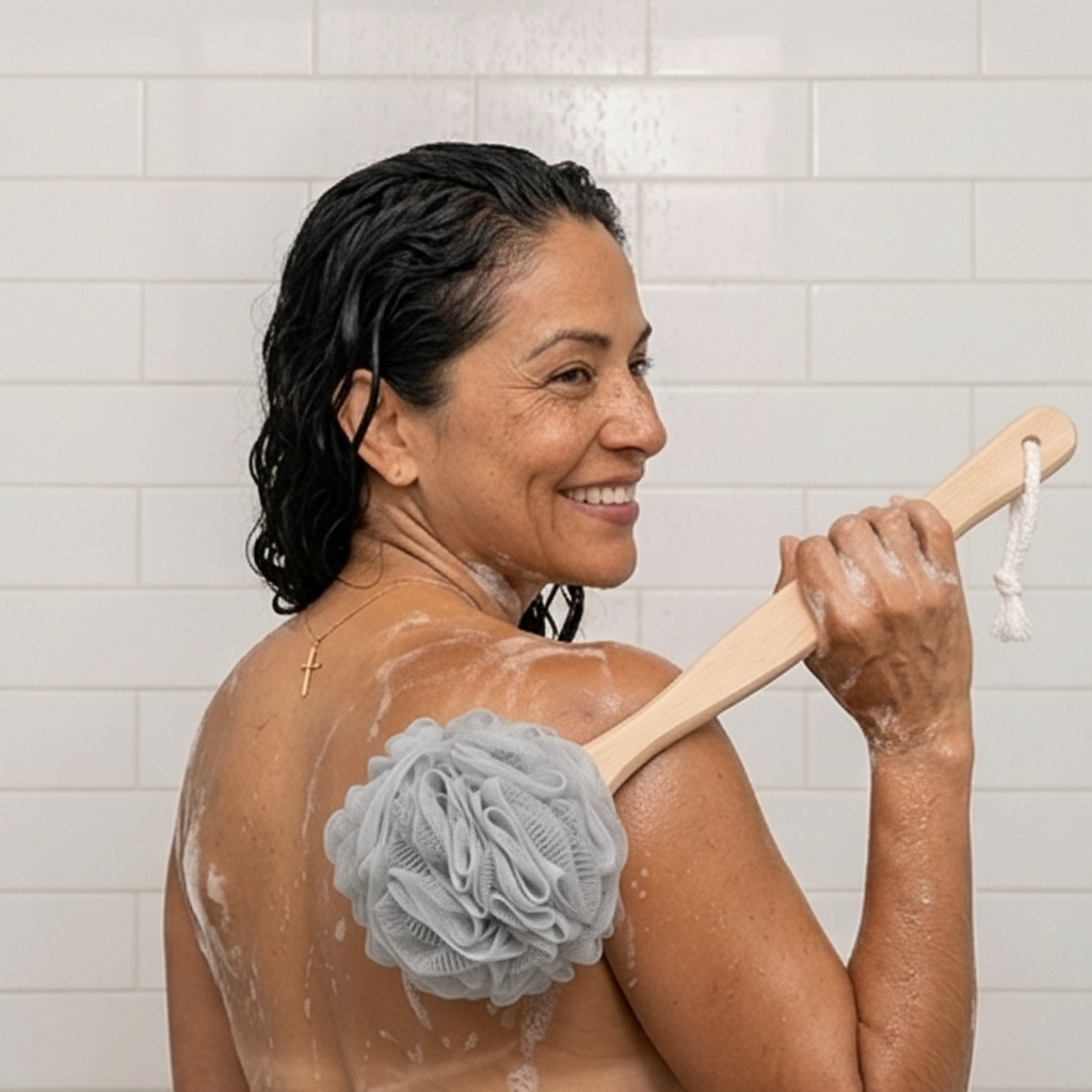Shower Sponge, With 12" Long Wooden Handle