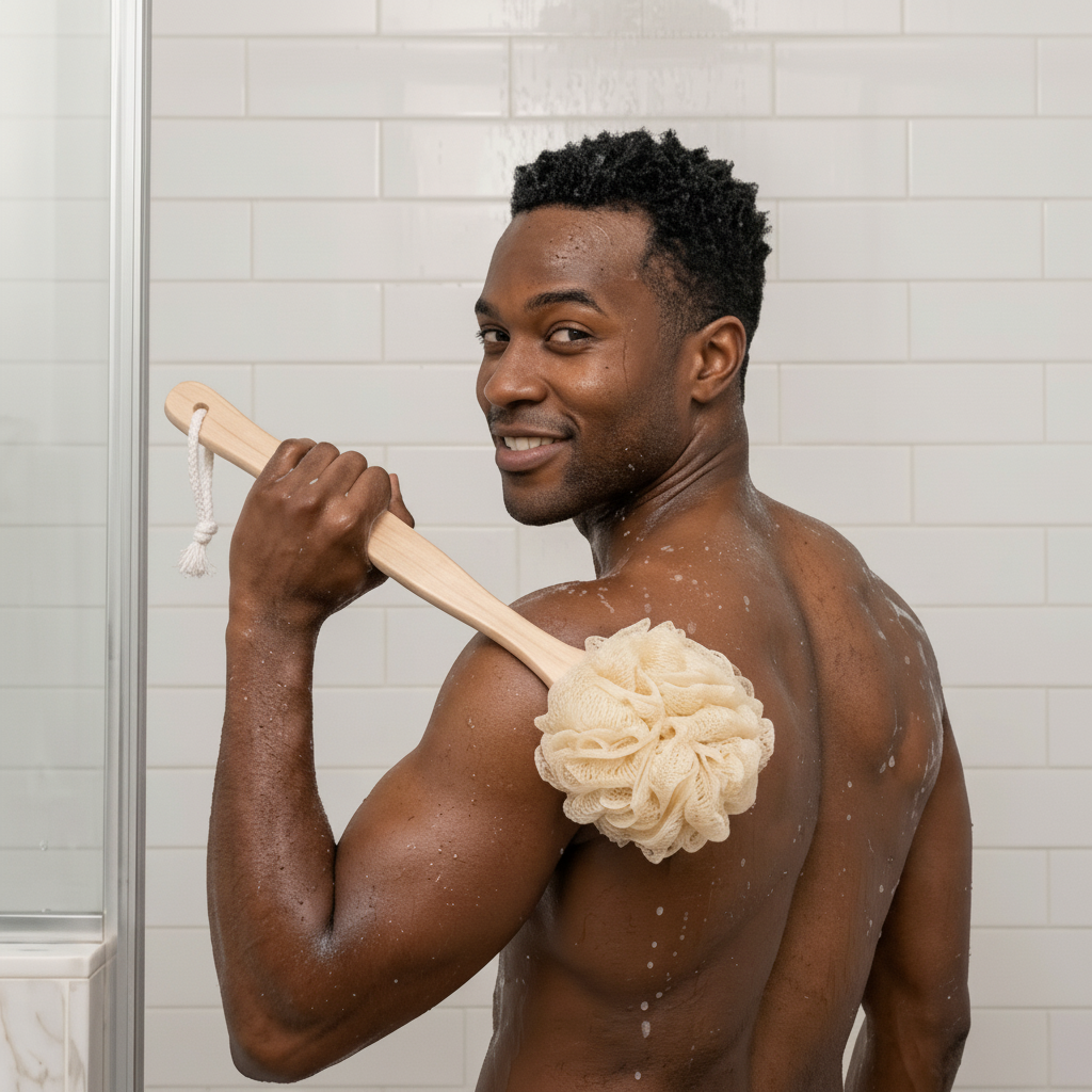 Shower Sponge, With 12" Long Wooden Handle