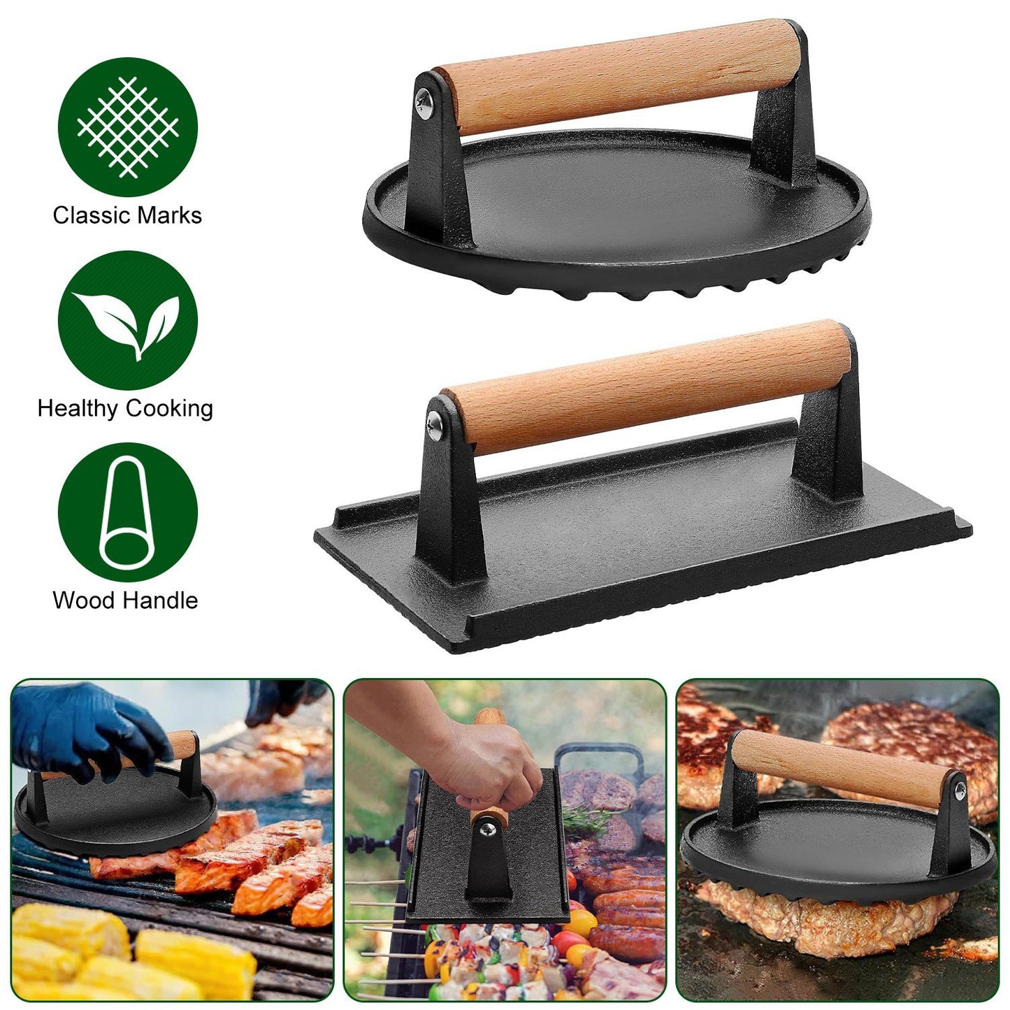 Cast Iron Grill Press, Rectangular for Bacon and Steak, Hardwood Handle