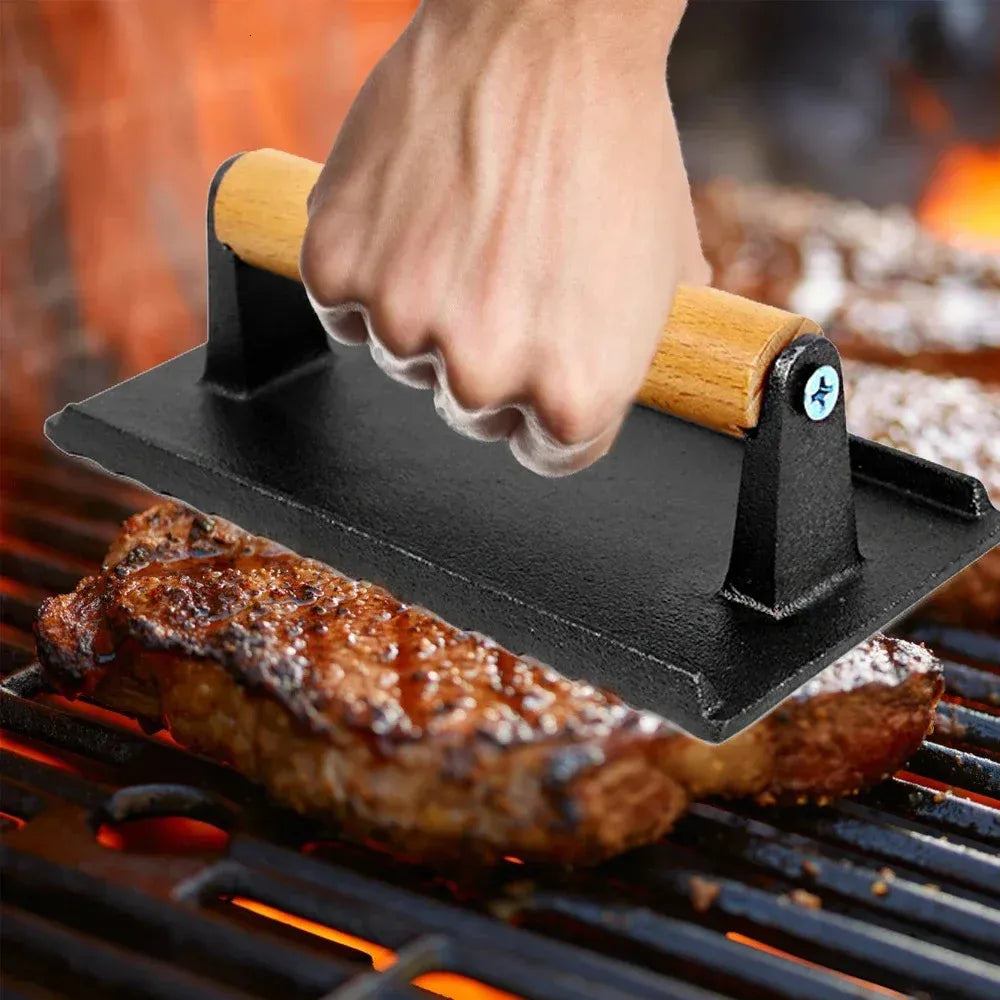 Cast Iron Grill Press, Rectangular for Bacon and Steak, Hardwood Handle