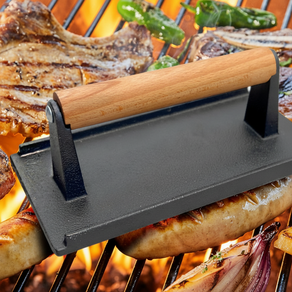 Cast Iron Grill Press, Rectangular for Bacon and Steak, Hardwood Handle
