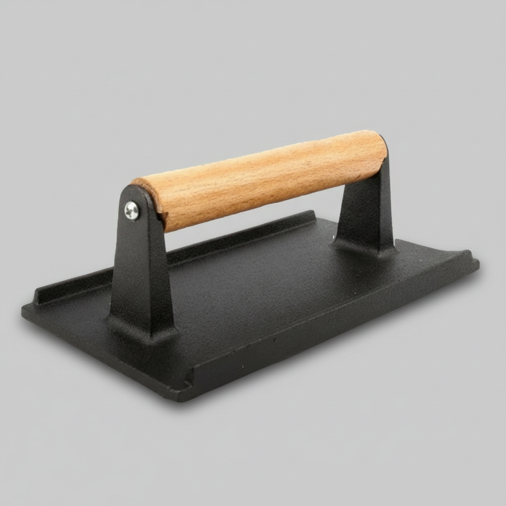 Cast Iron Grill Press, Rectangular for Bacon and Steak, Hardwood Handle