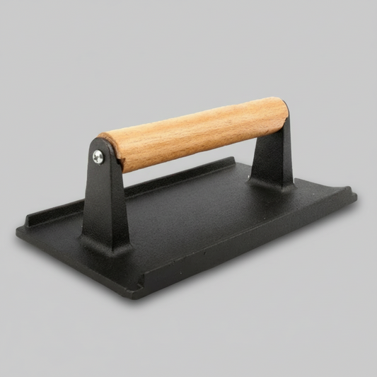 Cast Iron Grill Press, Rectangular for Bacon and Steak, Hardwood Handle