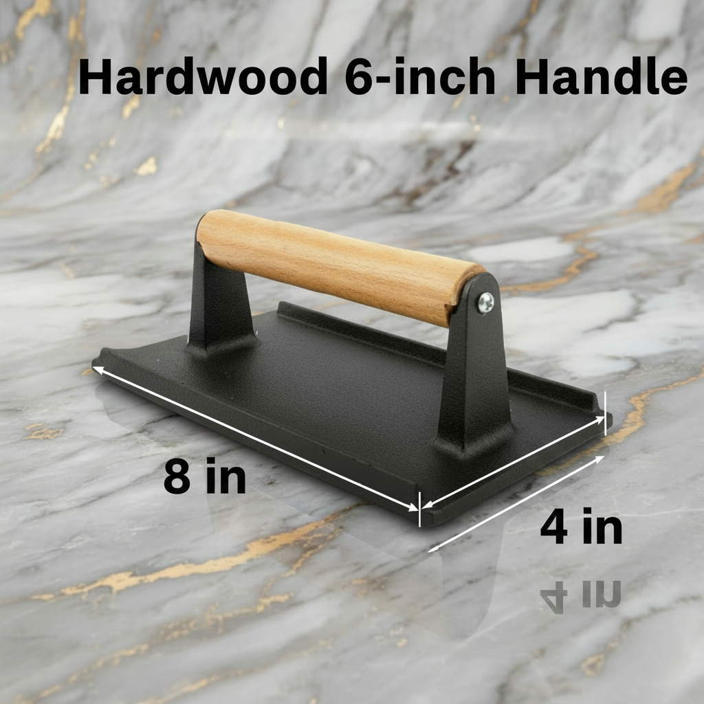 Cast Iron Grill Press, Rectangular for Bacon and Steak, Hardwood Handle