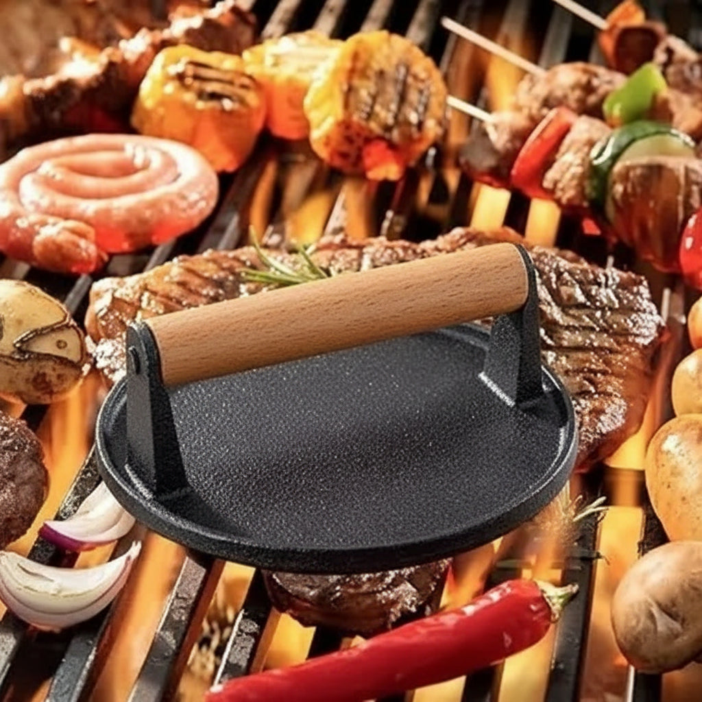 Cast Iron Grill Press, Round for Burgers and Stakes, Hardwood Handle