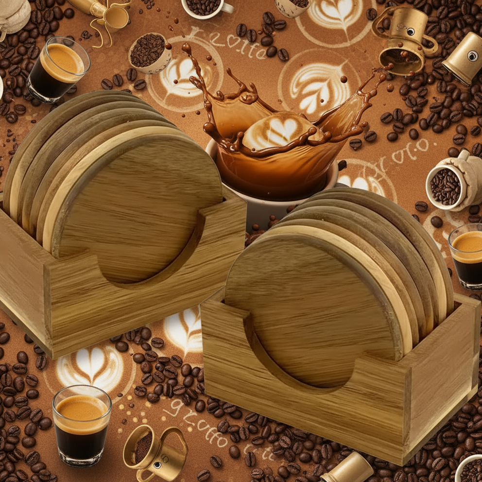 Wooden Coasters, Acacia Hardwood, 7 pcs with Holder