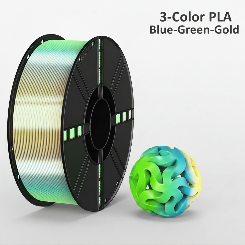 Silk PLA Tri-Color Co-Extruded 3D Printing Filament, High-Speed 1.75mm, 1KG (2.2 lb) Spool