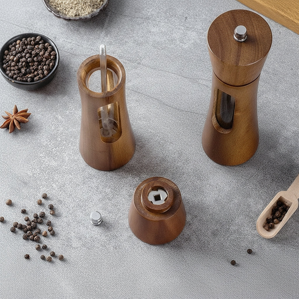 Transparent Window Acacia Wood Grinder Set, 8" Tall, 2pcs Set
