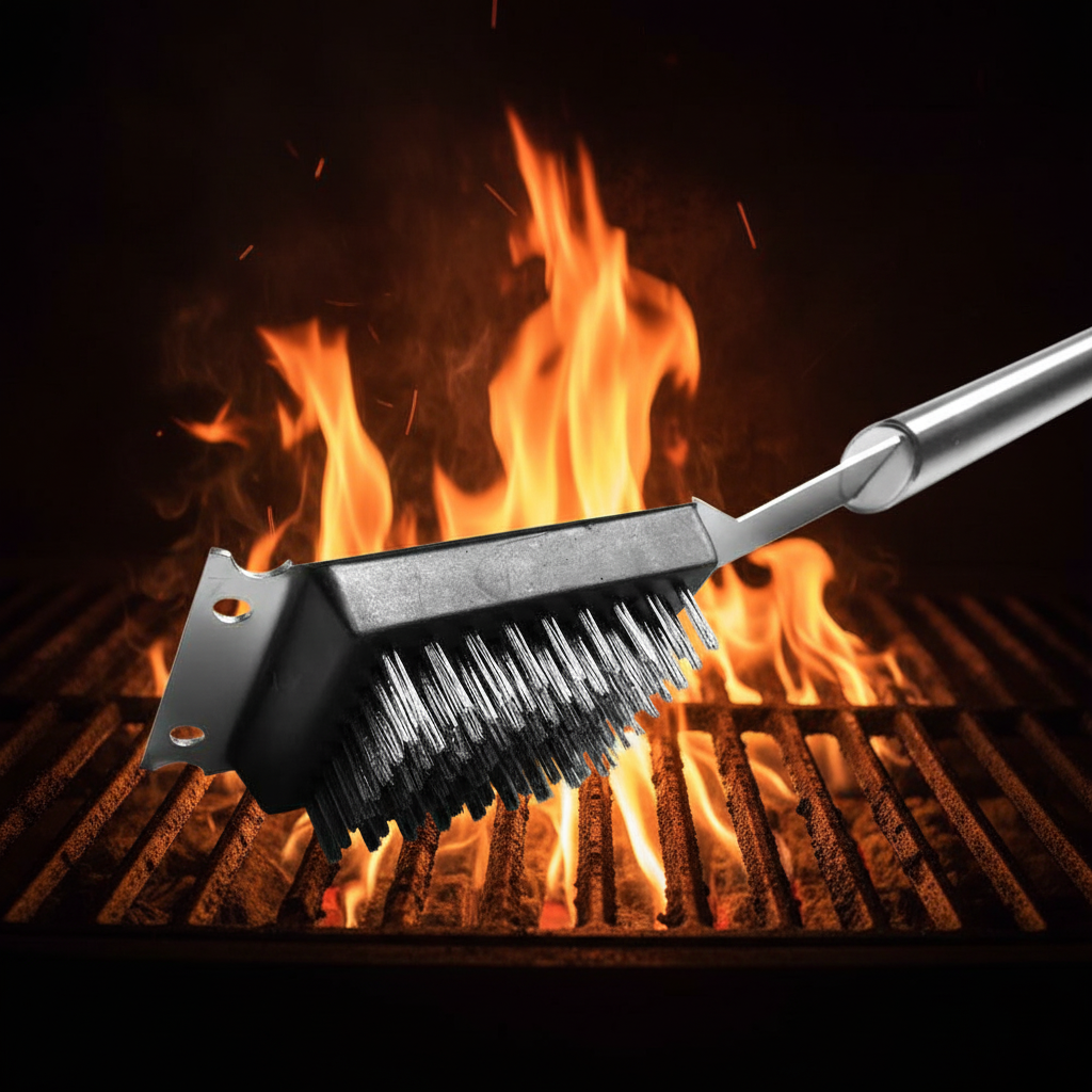 BBQ Grill Cleaning Brush with Scraper, Stainless Steel, 14"