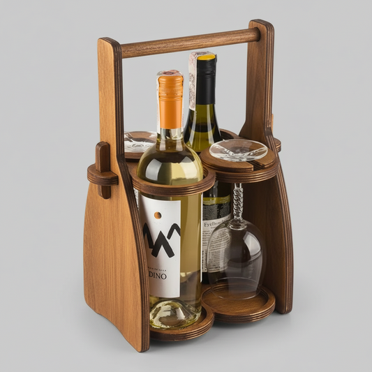 Wine Carrying Box. Fits 4 bottles or glasses. Natural multilayer Hardwood