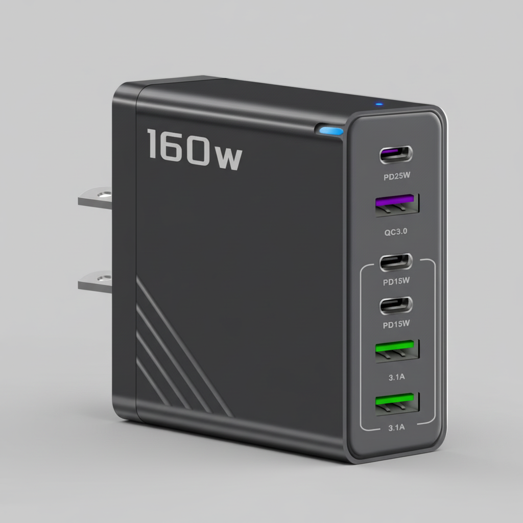 6 Outlets Charging Station, Black,  Extra High Power 160W