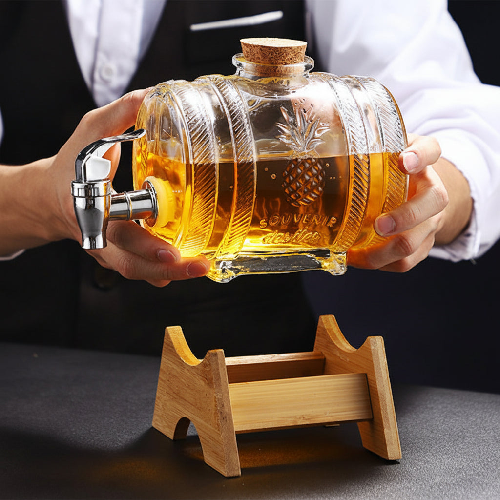 Liquor Barrel with Dispenser Faucet and Wooden Base, 1L capacity