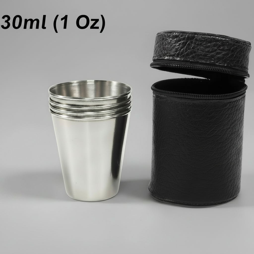 Stainless Steel Shot Glass Set with Leather Carrying Case (30 ml / 1 Oz)