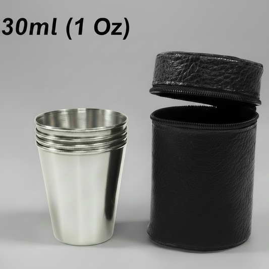 Premium 4-Piece Stainless Steel Shot Glass Set with PU Leather Travel Case, 30ml (1 Oz)