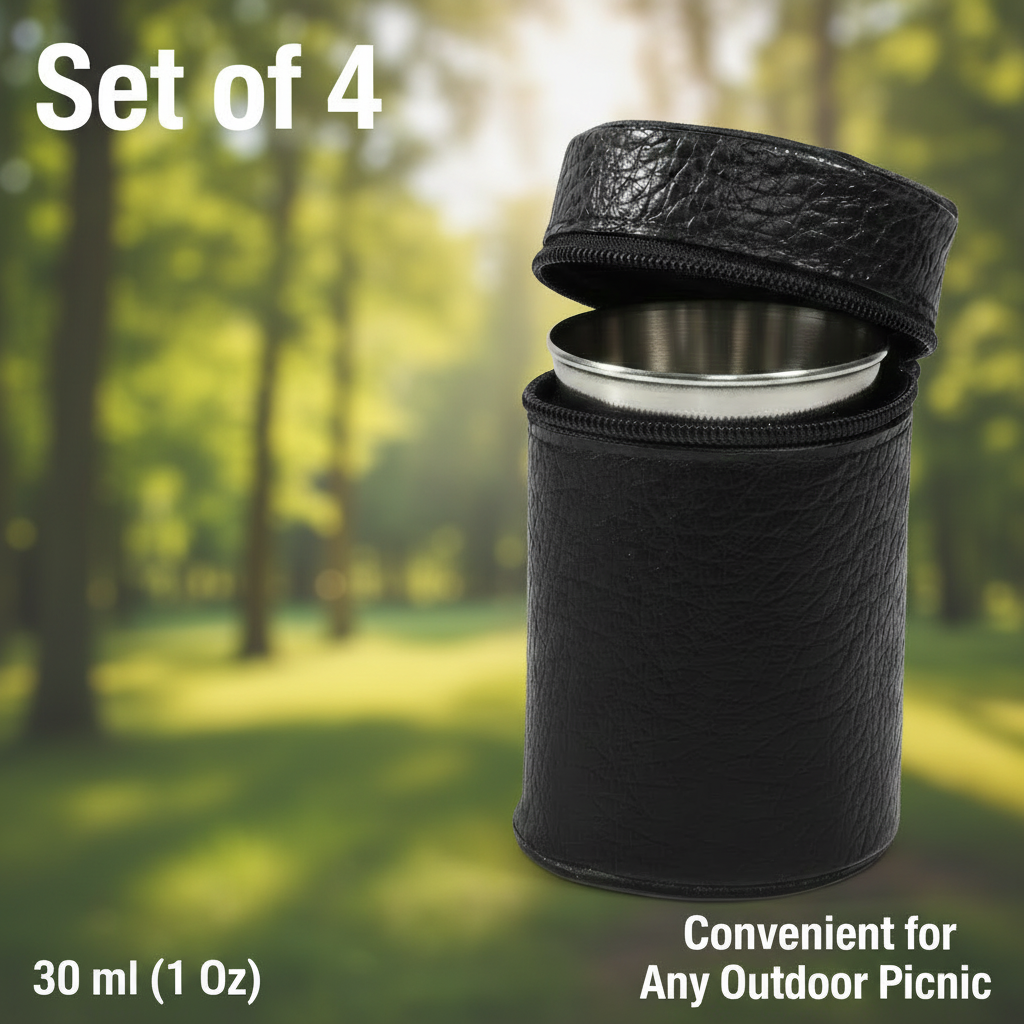 Stainless Steel Shot Glass Set with Leather Carrying Case (30 ml / 1 Oz)