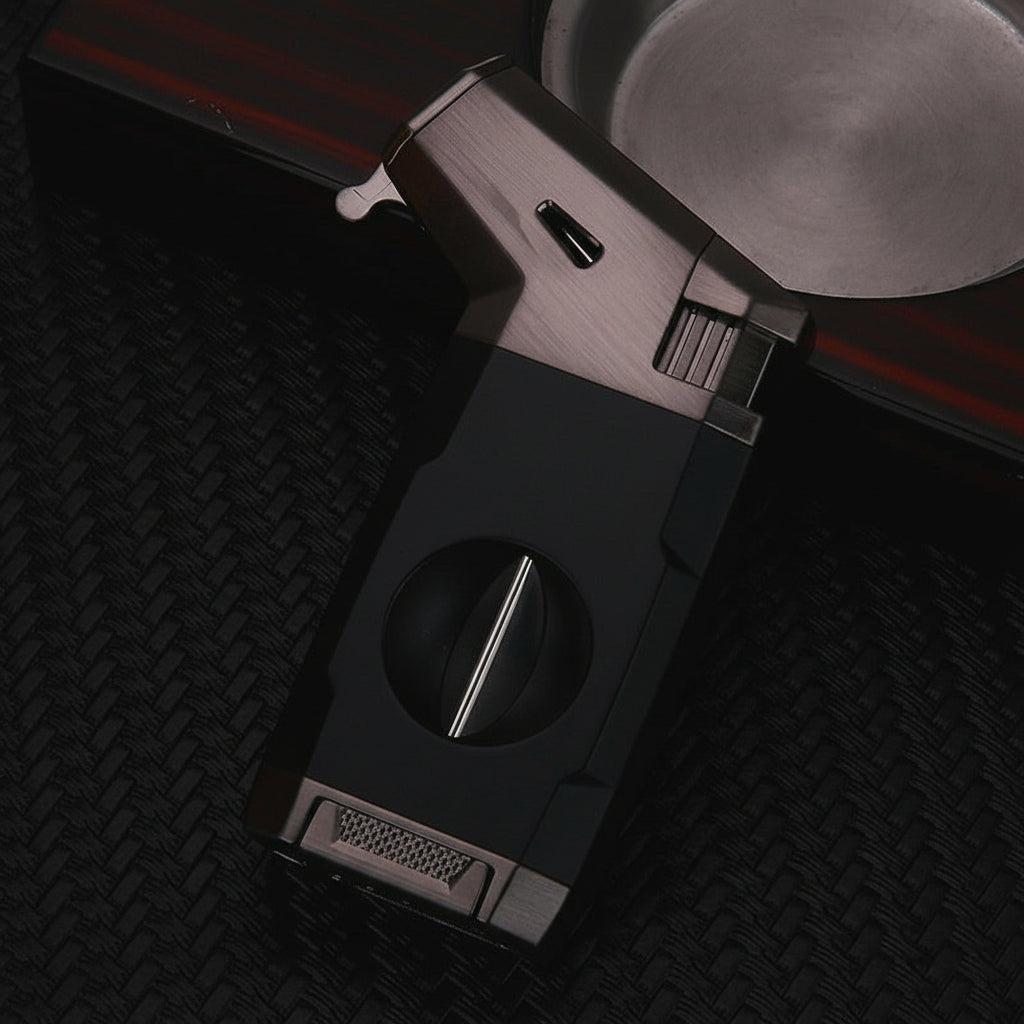 Cigar Lighter, Business Black, with V-shaped Cigar Cutter
