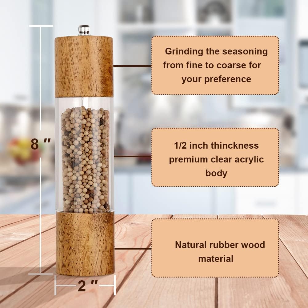 Salt and Pepper Grinder 2pcs Set, Acrylic see-through walls, 8" Tall
