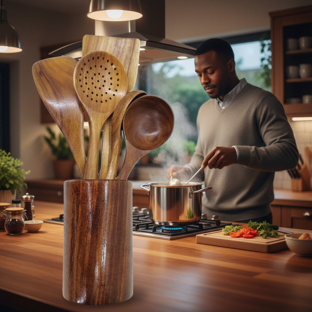 Wooden Cooking Utensil Set, 7pcs, including a Cup,  Acacia Hardwood