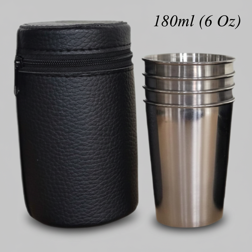 Stainless Steel Shot Glass Set with Leather Carrying Case (180 ml / 6 Oz)