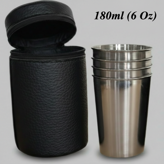 Multipurpose Stainless Steel Cups (4-Pack) in PU Leather Carrying Pouch, 180ml (6 Oz)