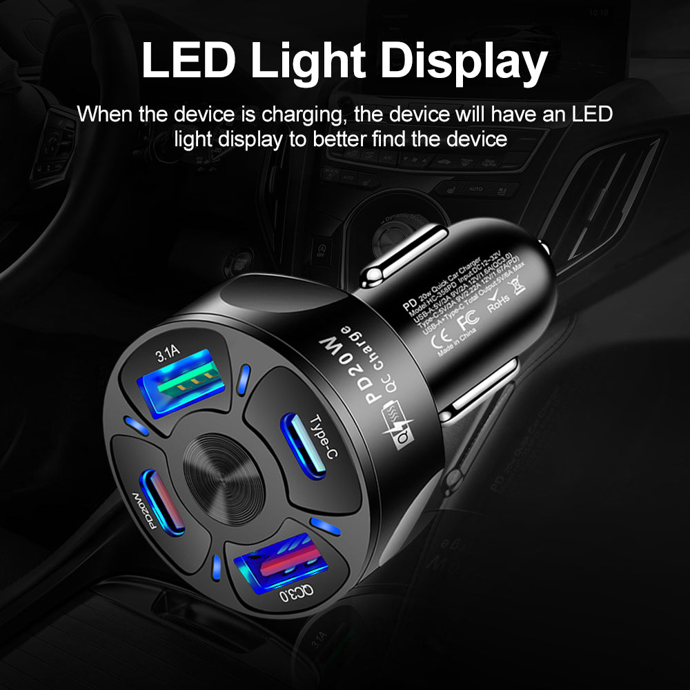 4 Outlets, Black, Car Cell Phone Charger, High Power, 20W