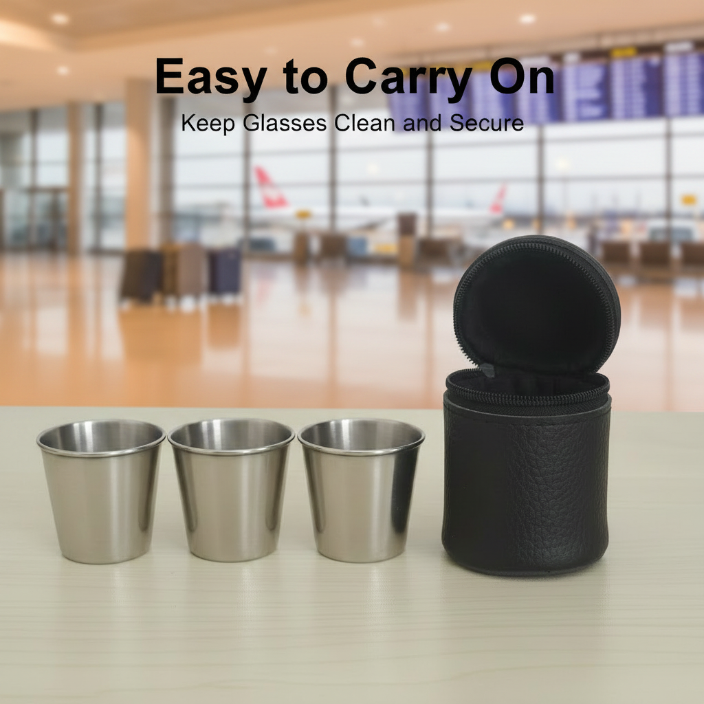 Stainless Steel Shot Glass Set with Leather Carrying Case (30 ml / 1 Oz)