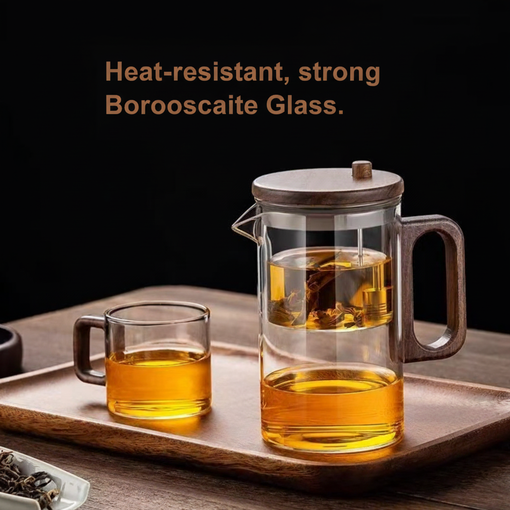 Borosilicate Glass Teapot with Infuser, Walnut Lid & Handle, 21 Oz